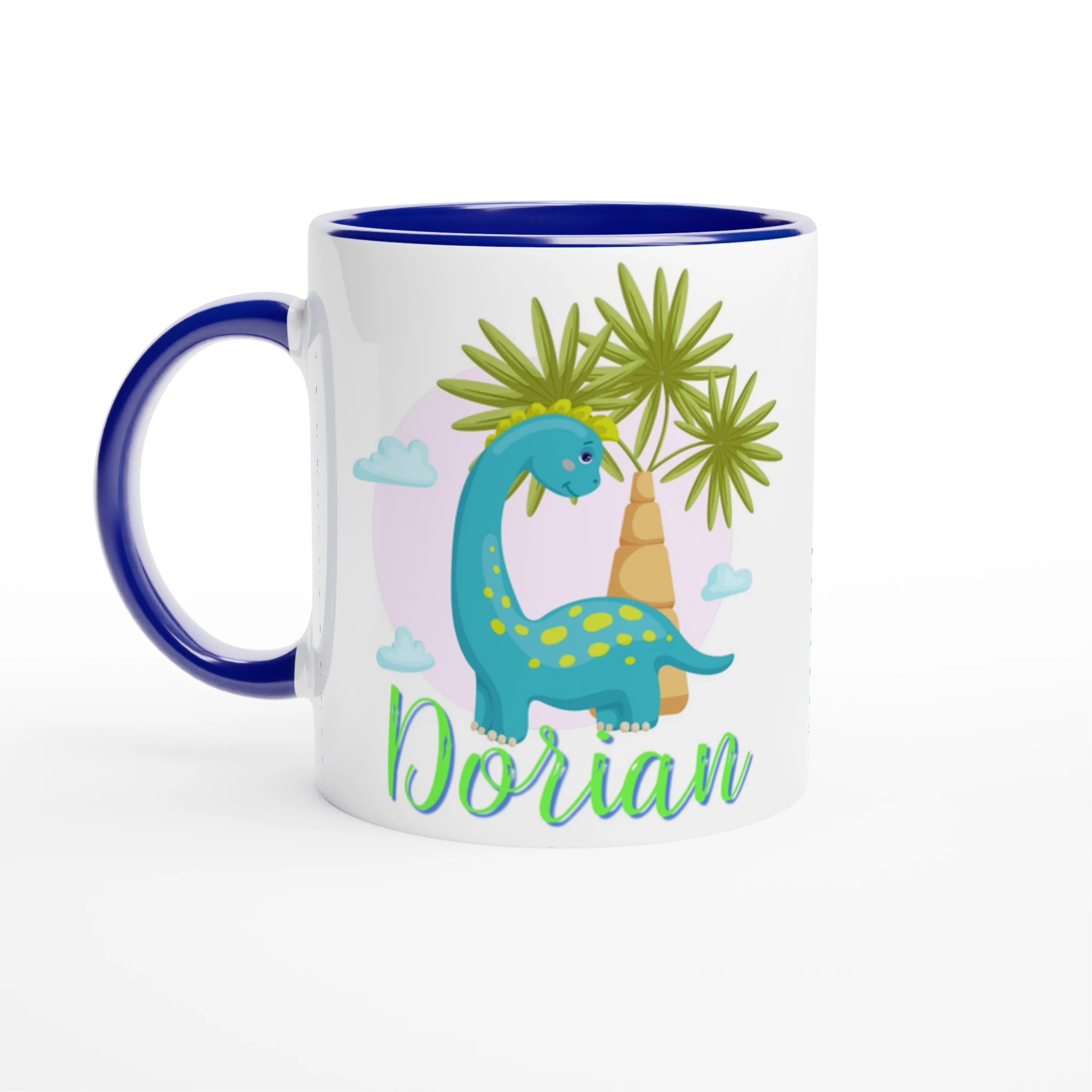 Mug personnalisé avec dinosaure bleu, intérieur bleu, parfait comme cadeau original pour enfant.