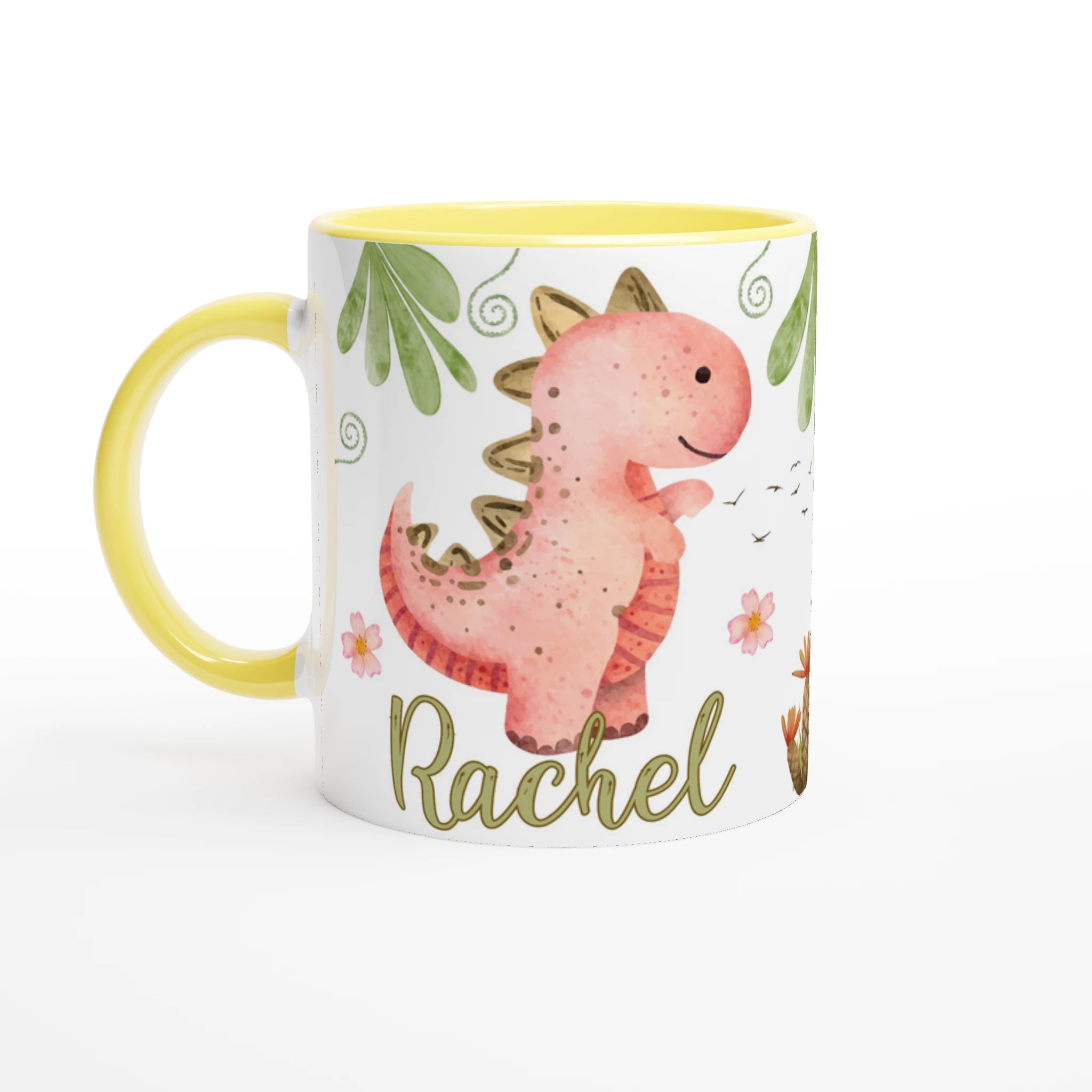 Mug personnalisé avec motif dinosaure et prénom, intérieur jaune, parfait pour les petits fans de dinosaures.