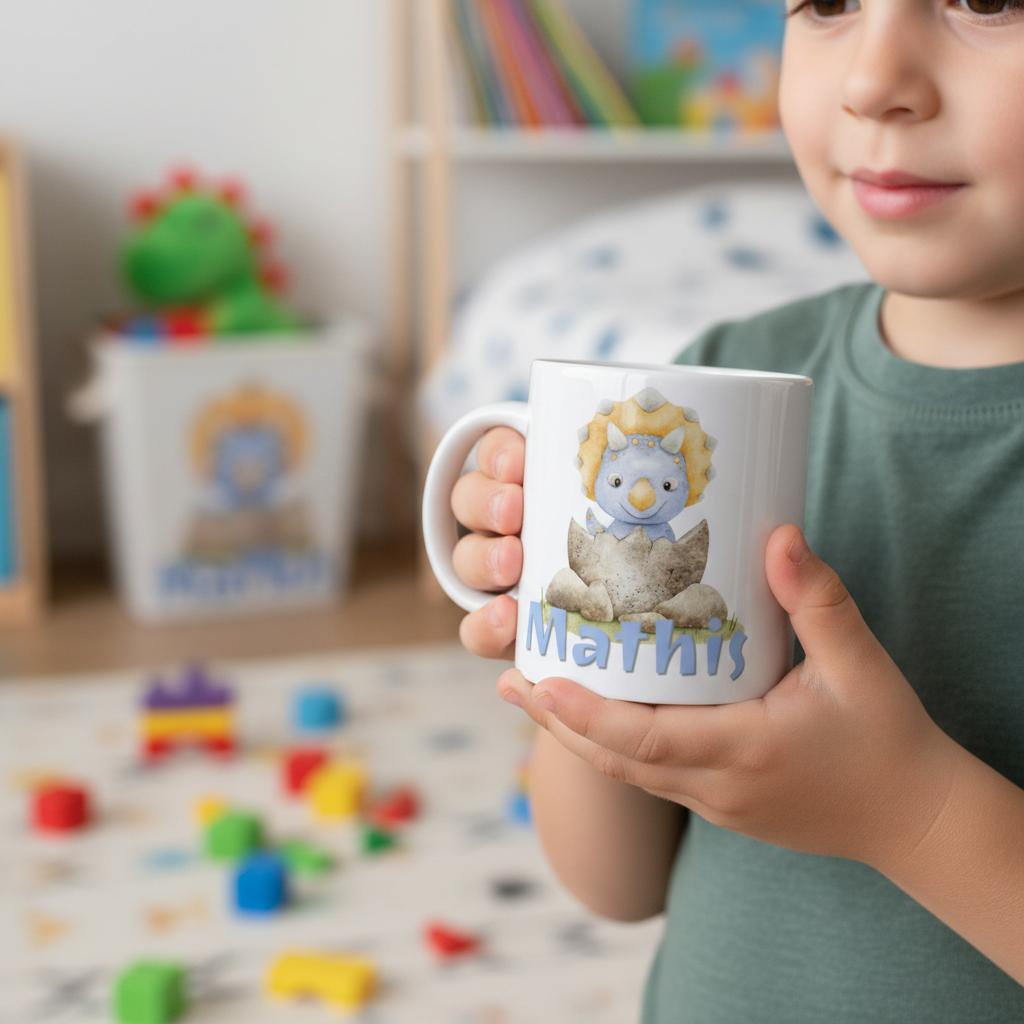 mug enfant personnalisé avec illustration de dinosaure tenu par un enfant