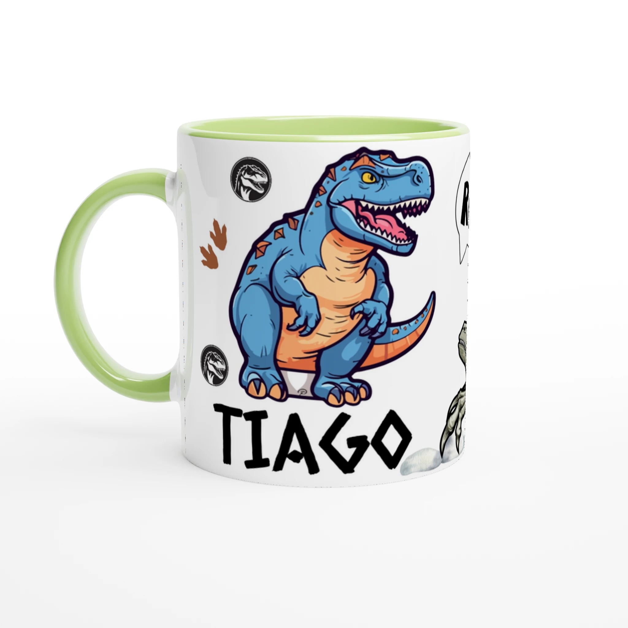 Mug dinosaure personnalisé avec prénom, intérieur vert, motif T-Rex amusant pour enfant.