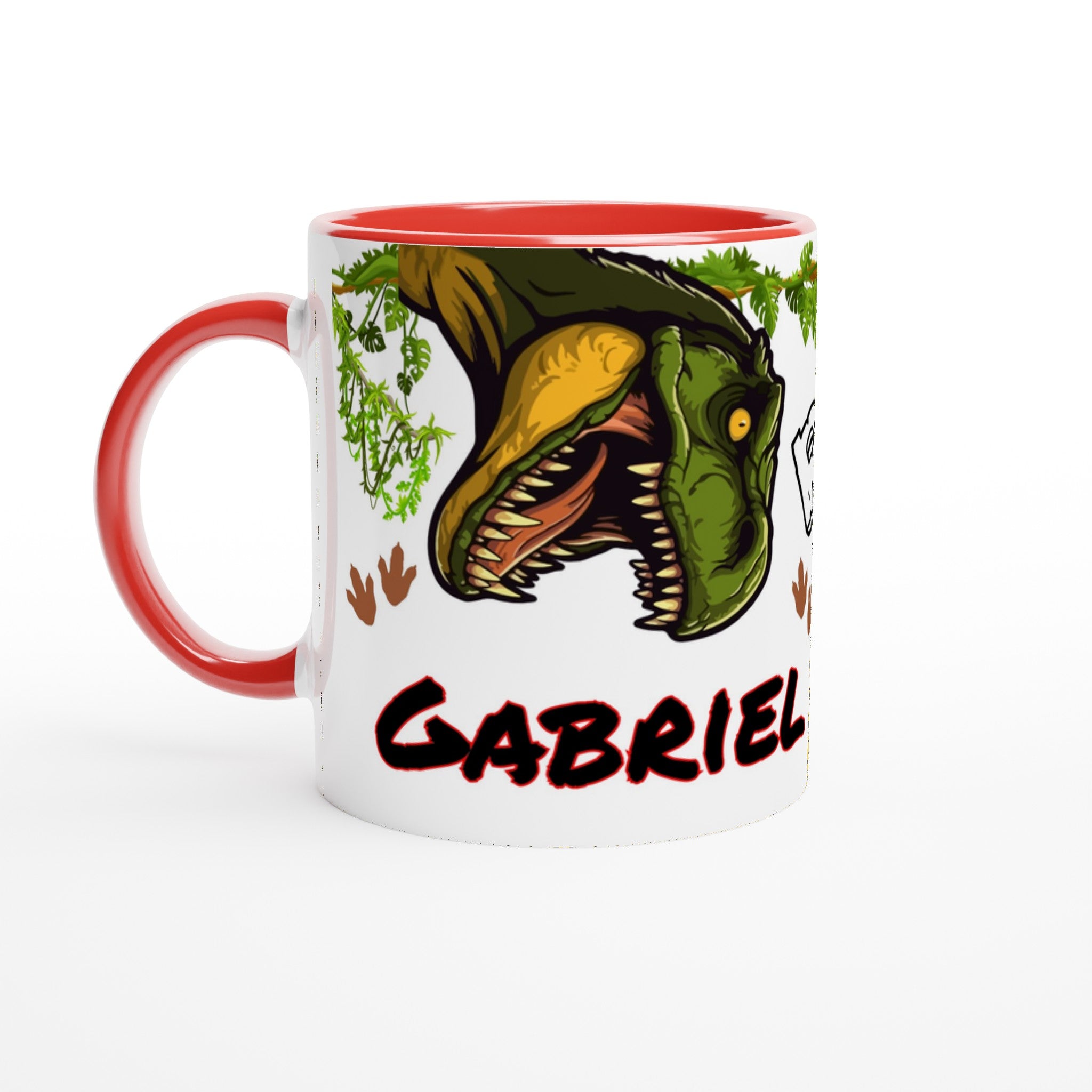 Mug dinosaure avec prénom personnalisé, intérieur rouge, idéal pour les amateurs de dinosaures. Cadeau unique pour enfant ou fan de T-Rex