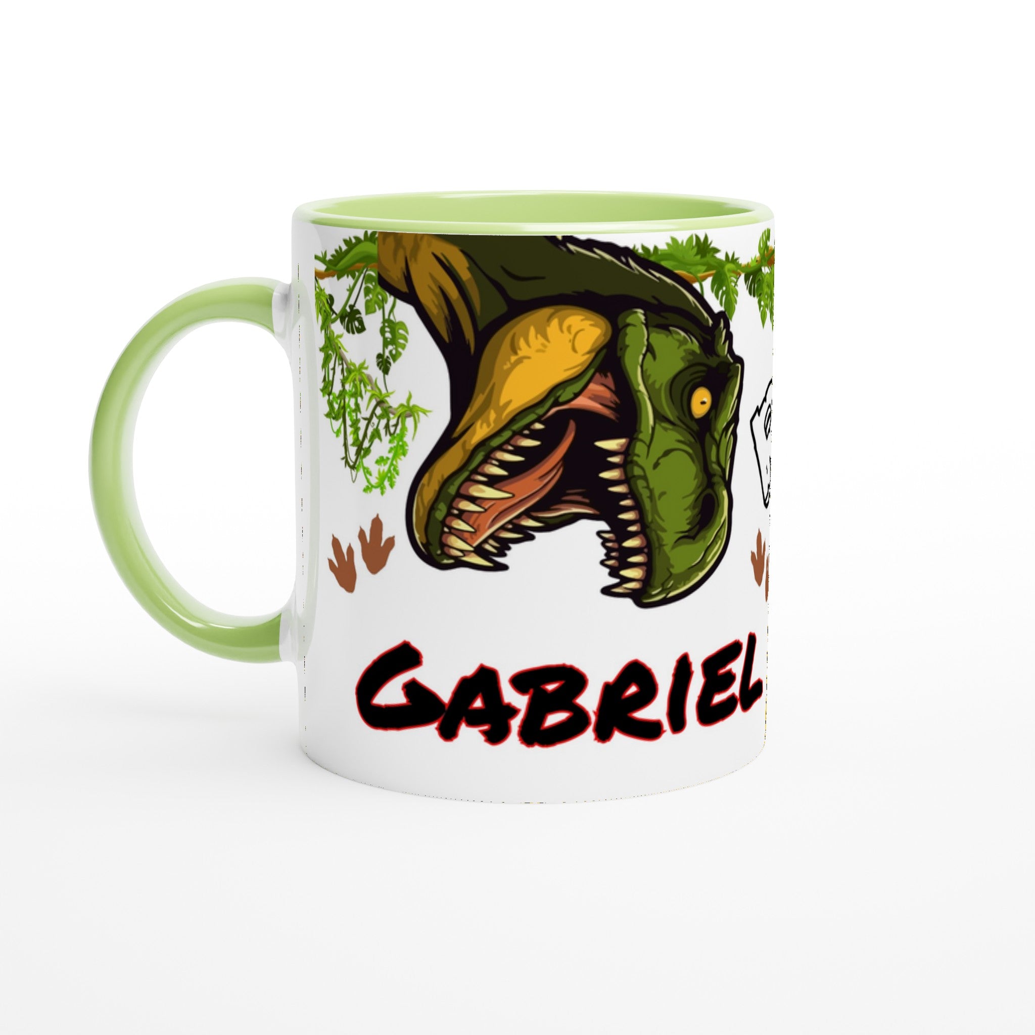 Mug dinosaure avec prénom personnalisé, intérieur vert, idéal pour les amateurs de dinosaures. Cadeau unique pour enfant ou fan de T-Rex