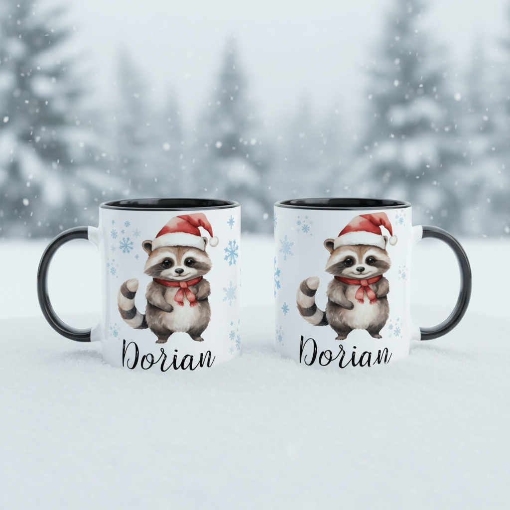 mug enfant personnalisé avec animal de Noël posé dans la neige