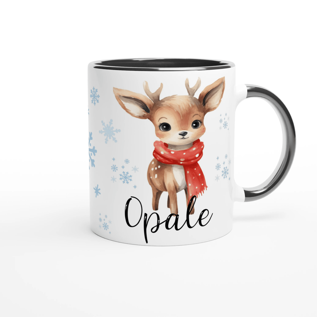 Mug personnalisé avec renne et prénom, intérieur noir, cadeau de Noël parfait pour enfants.