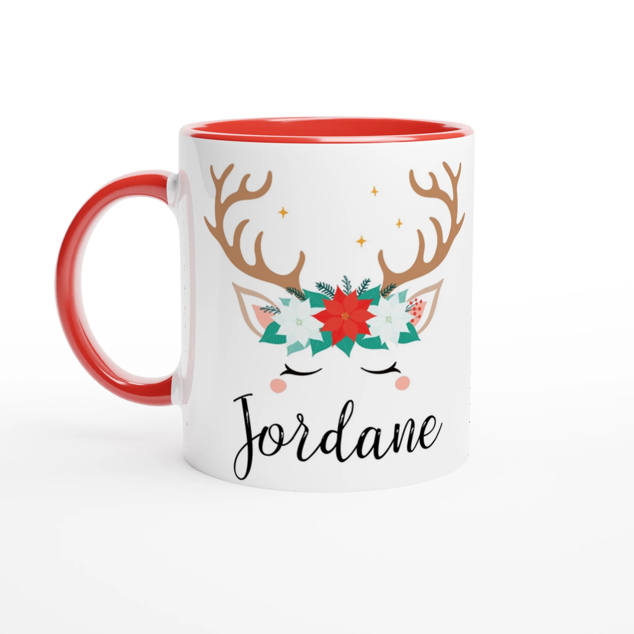 Mug blanc avec illustration de renne et couronne de fleurs de Noël, anse rouge vif et intérieur rouge