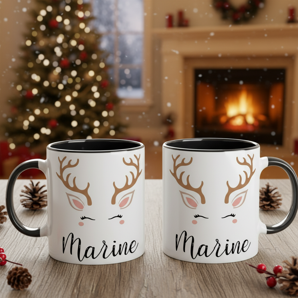 mugs renne personnalisés devant une cheminée en hiver