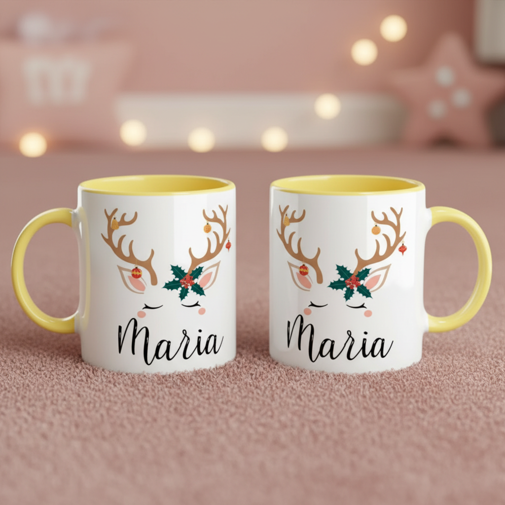 mug personnalisé de Noël motif renne couleur jaune