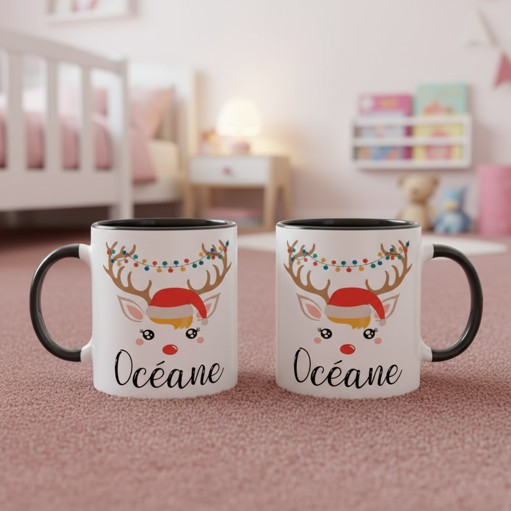 Mug renne de Noël personnalisé avec anse noire et motif festif