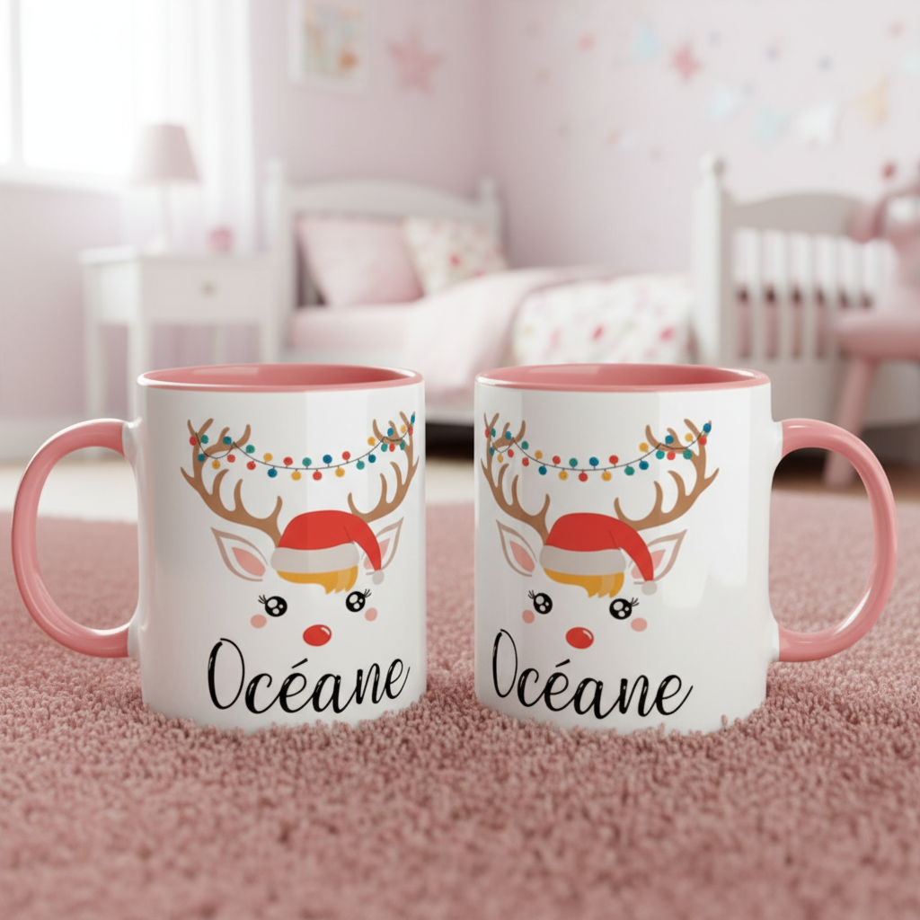 Tasse renne de Noël personnalisée avec intérieur rose