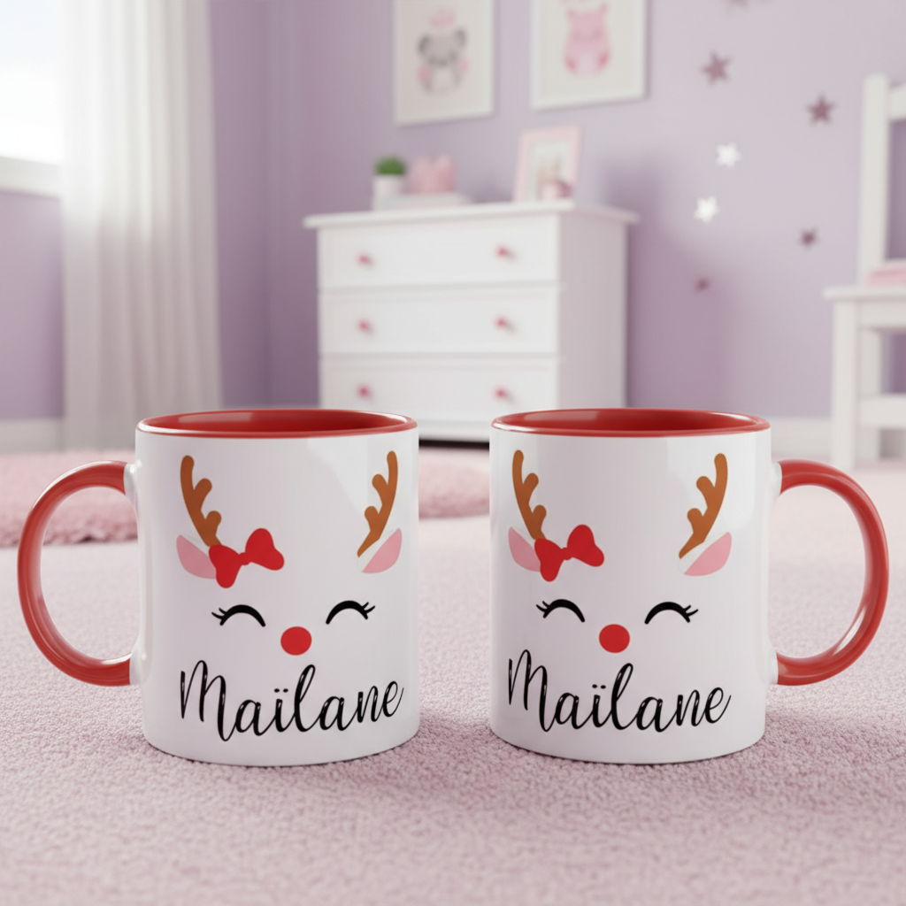 mug personnalisé renne de Noël avec intérieur rouge