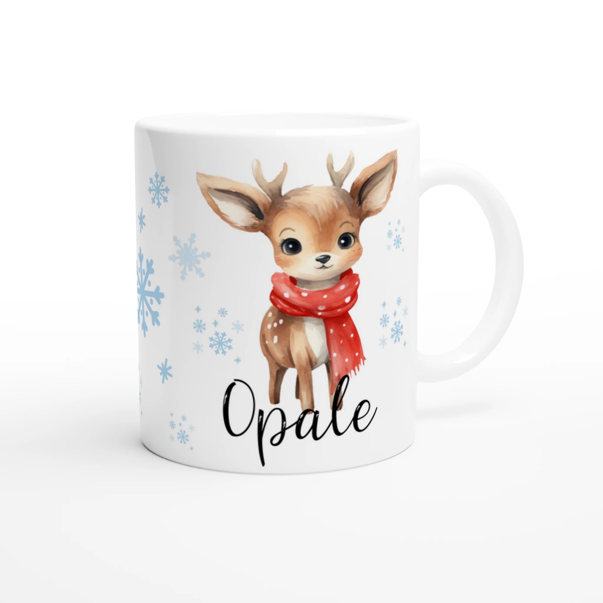 Mug personnalisé enfant avec renne et prénom, fond blanc, parfait pour Noël et l’hiver.