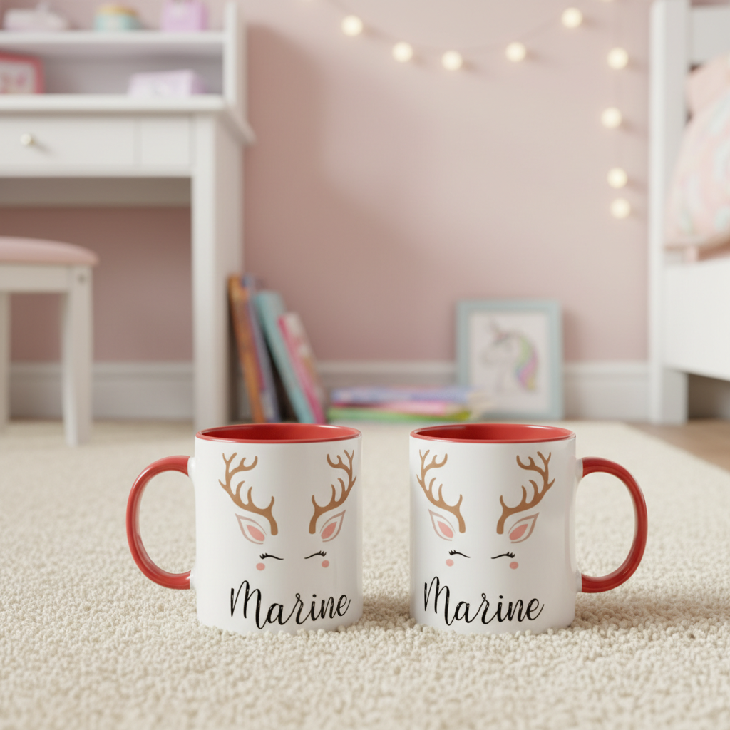 mug renne personnalisé posé dans une chambre avec décoration douce