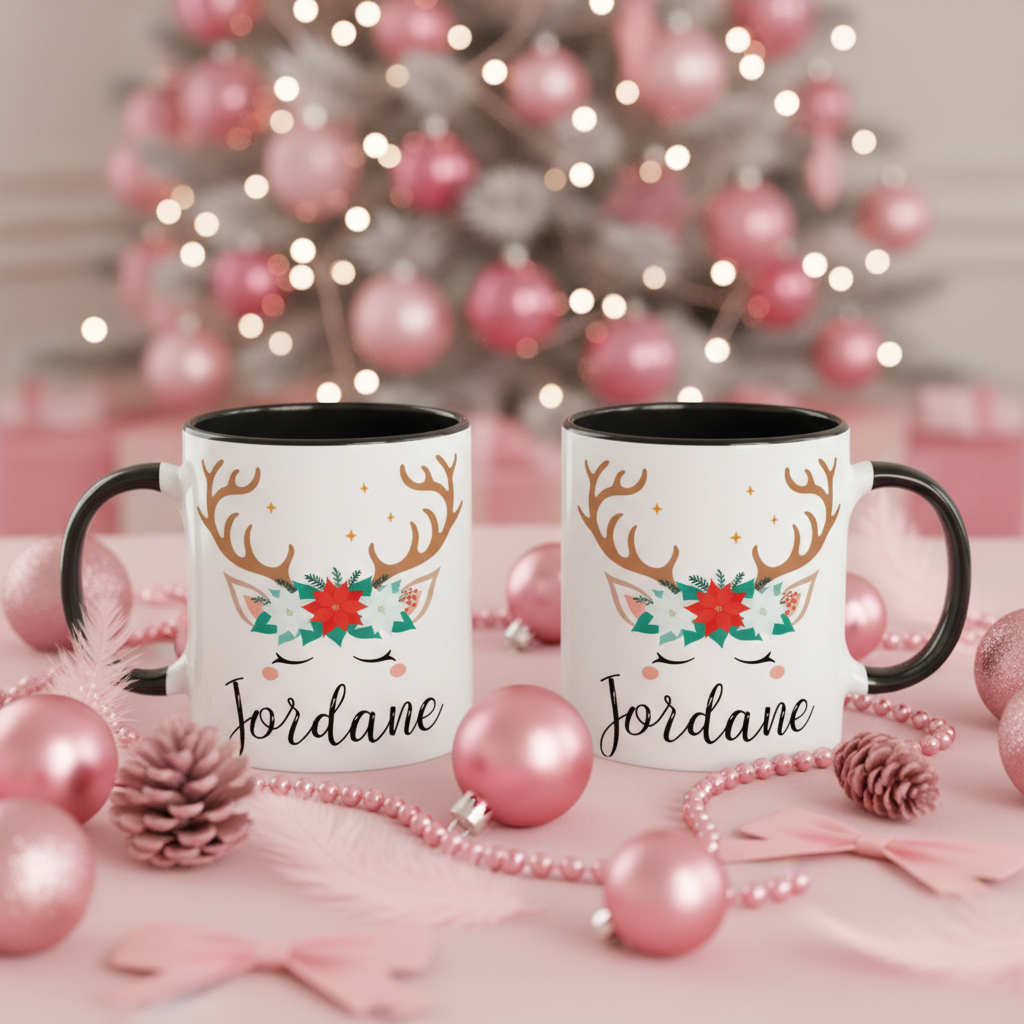 mug renne personnalisé avec poignée noire et décor hivernal