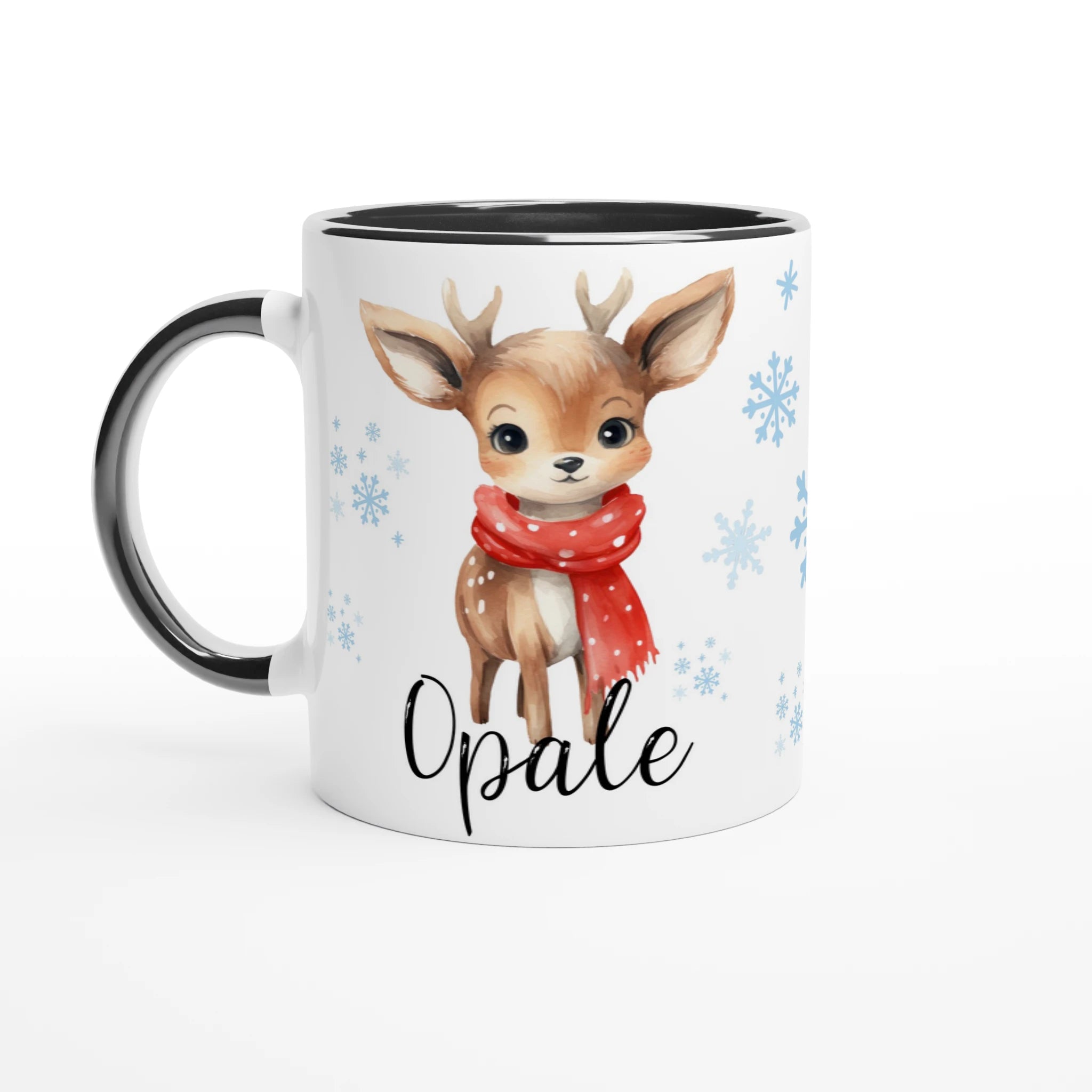 Mug personnalisé avec renne et prénom, intérieur noir, cadeau de Noël parfait pour enfants.