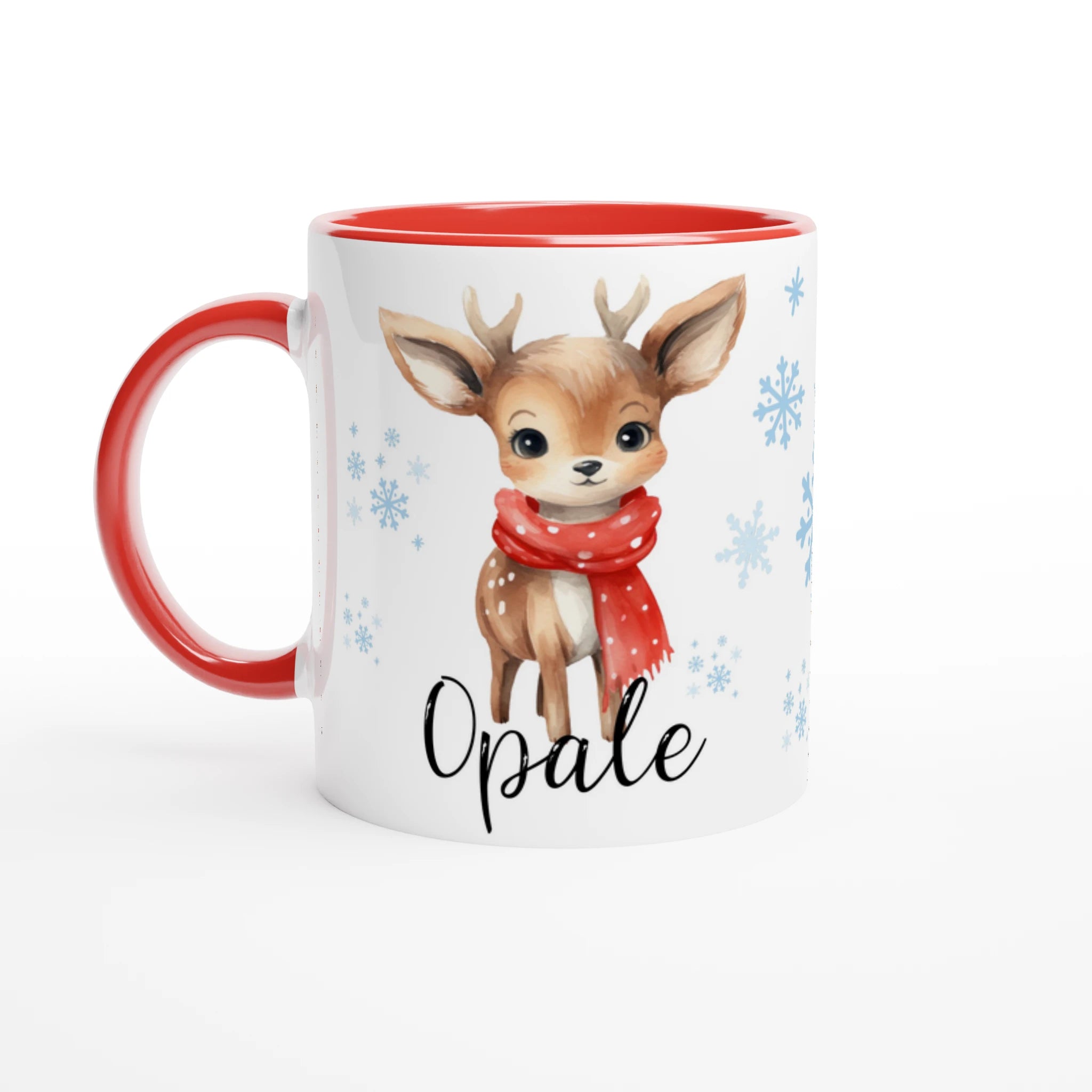 Mug prénom enfant avec renne, intérieur rouge, design hivernal idéal pour cadeau de Noël.