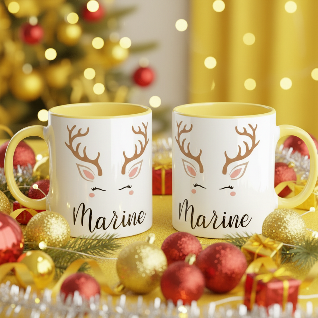 deux mugs renne personnalisés sur une table de Noël décorée