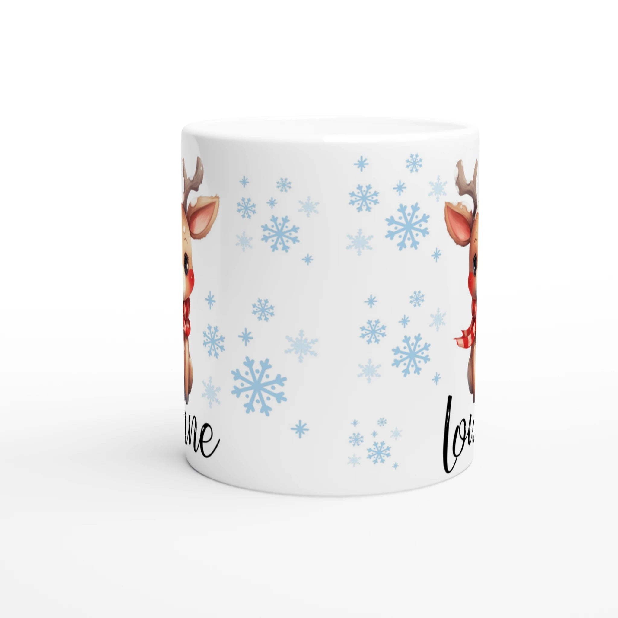Mug prénom enfant avec renne, intérieur blanc, design hivernal idéal pour Noël et l’hiver.