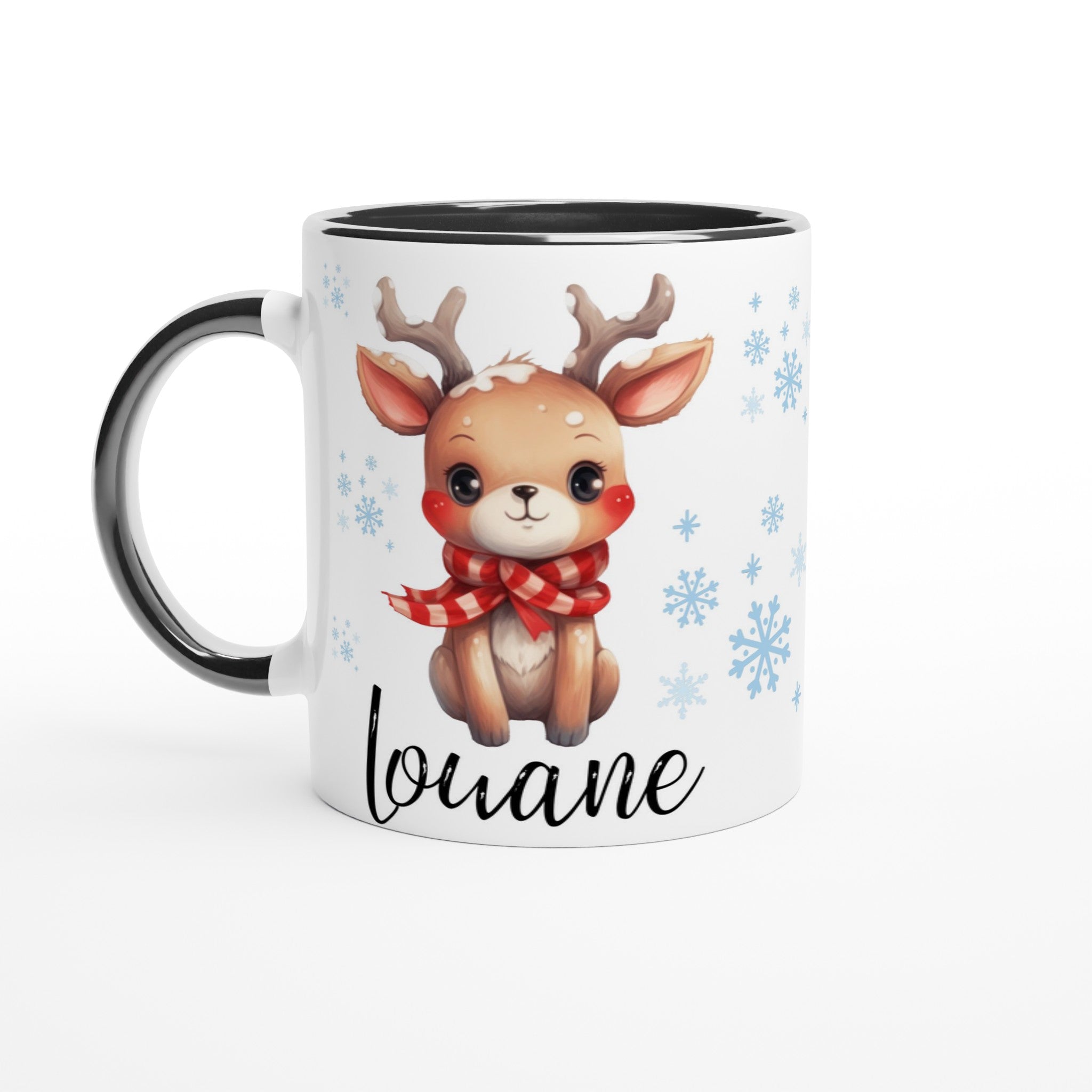 Mug prénom personnalisé avec renne, intérieur noir, idéal pour Noël et la déco hivernale.