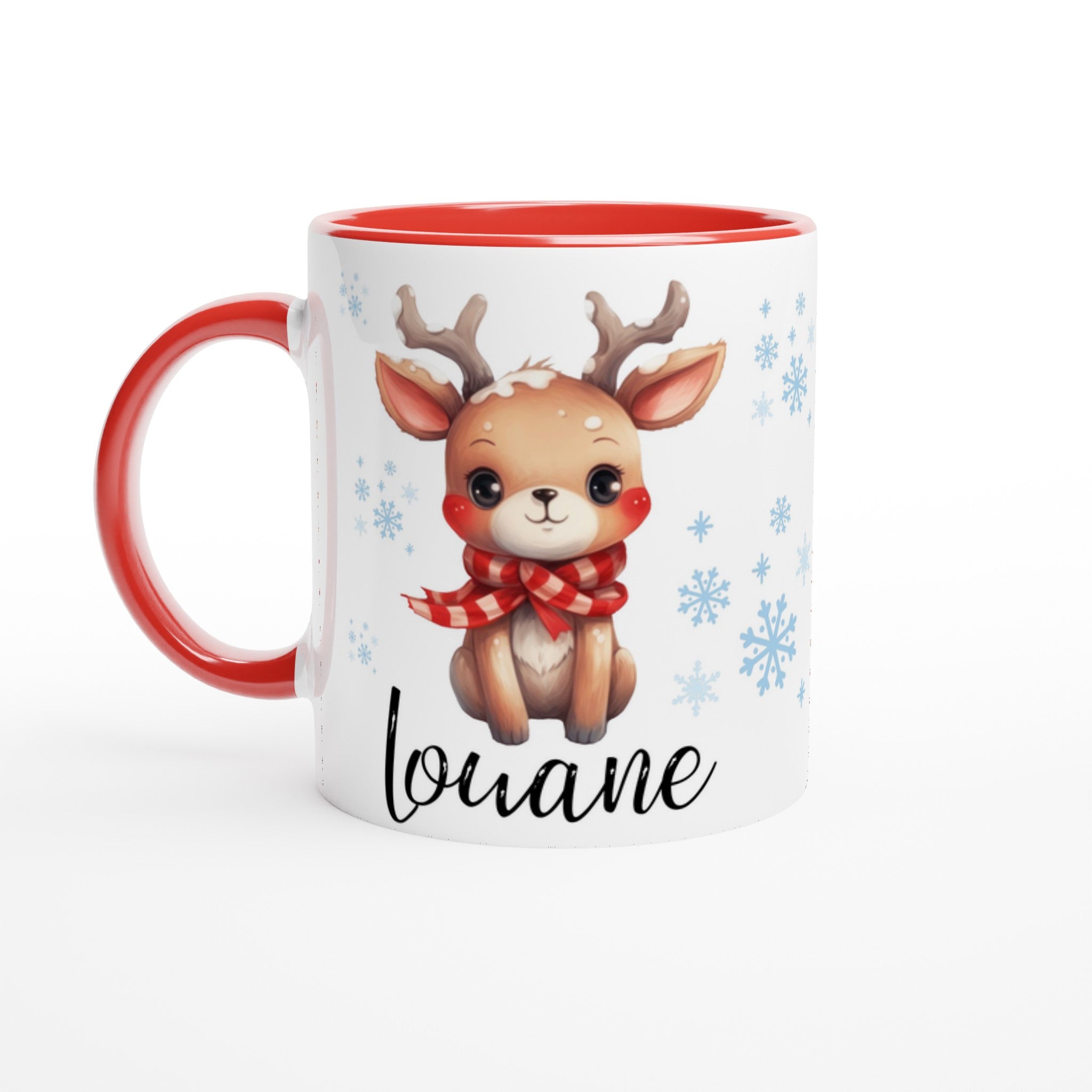 Mug personnalisé enfant avec renne et prénom, intérieur rouge, parfait pour un cadeau de Noël.