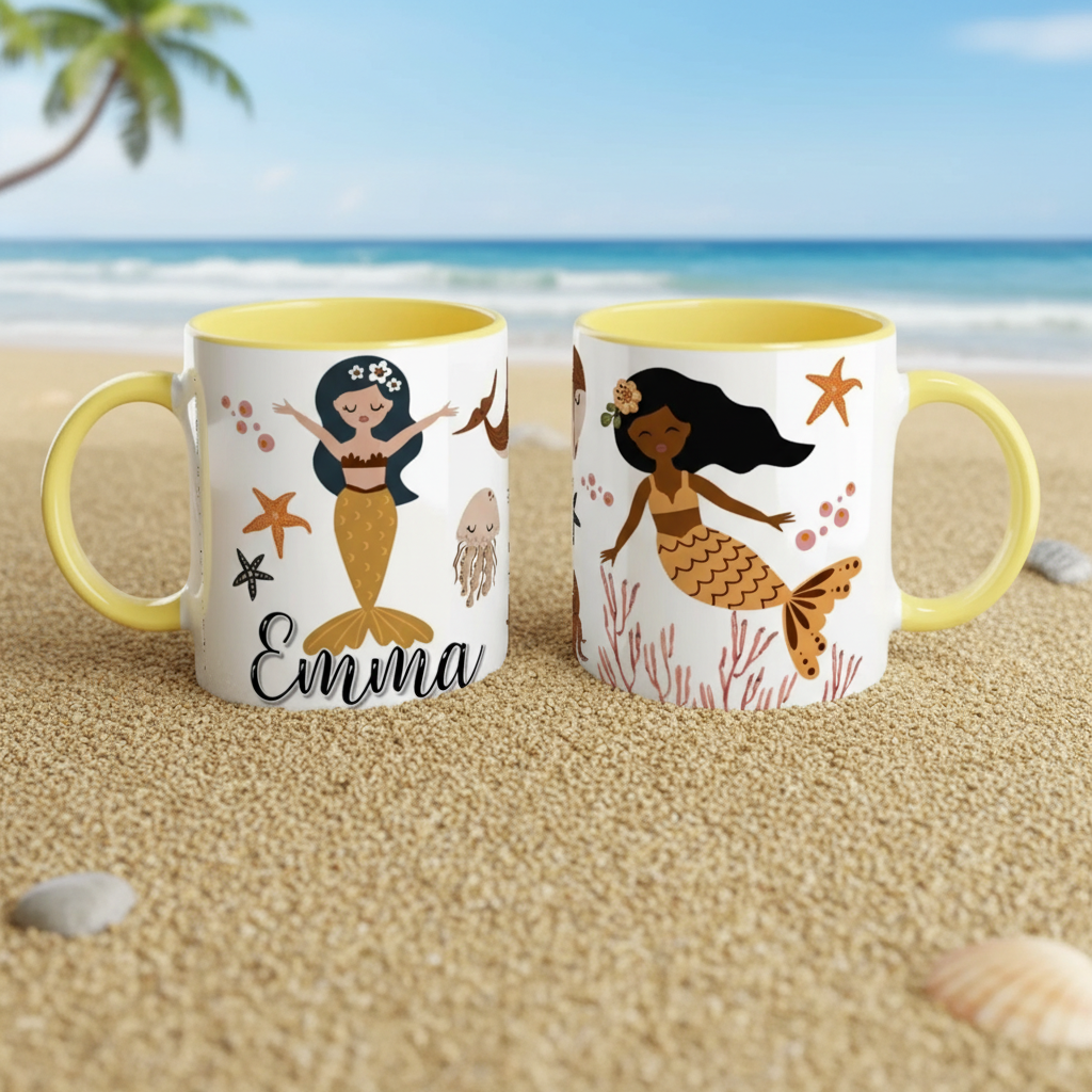mug personnalisé sirène enfant avec poignée jaune sur plage