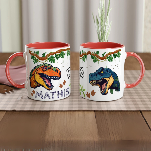 Mug avec T-Rex personnalisé, intérieur rouge, idéal pour enfant et amateur de dinosaures