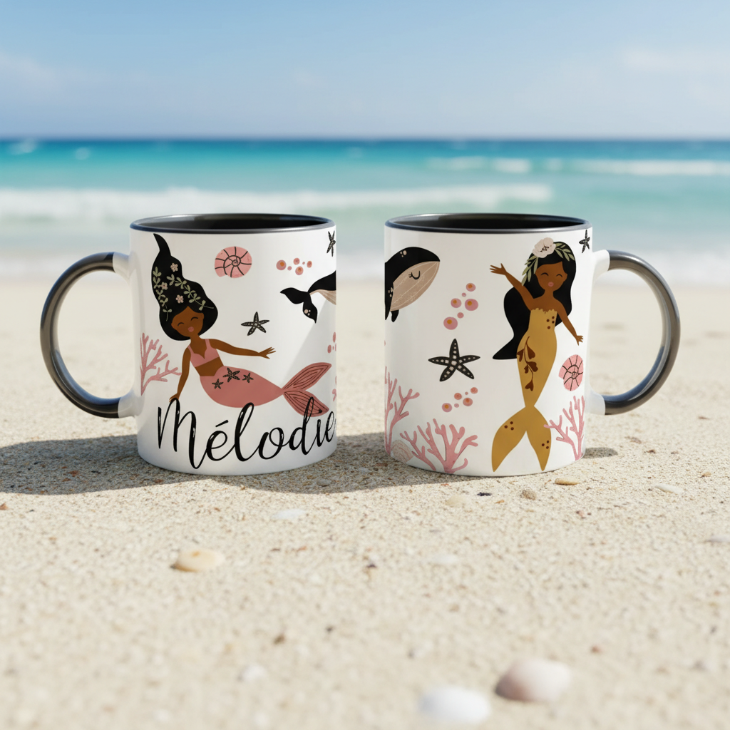 Mug décoratif thème marin photographié sur une plage