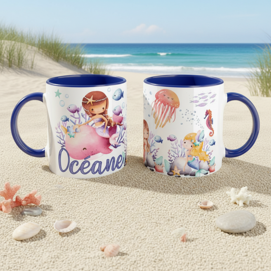 mug personnalisé thème océan avec illustration marine sur fond plage