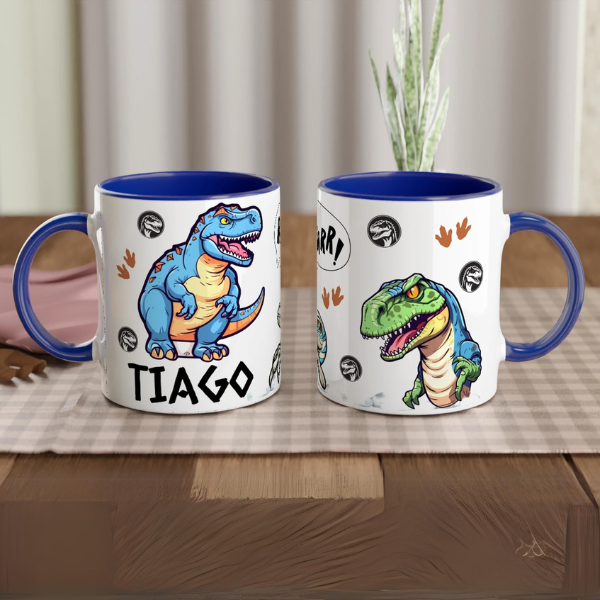 Mug personnalisé avec motif dinosaure T-Rex, intérieur bleu, cadeau parfait pour enfant.