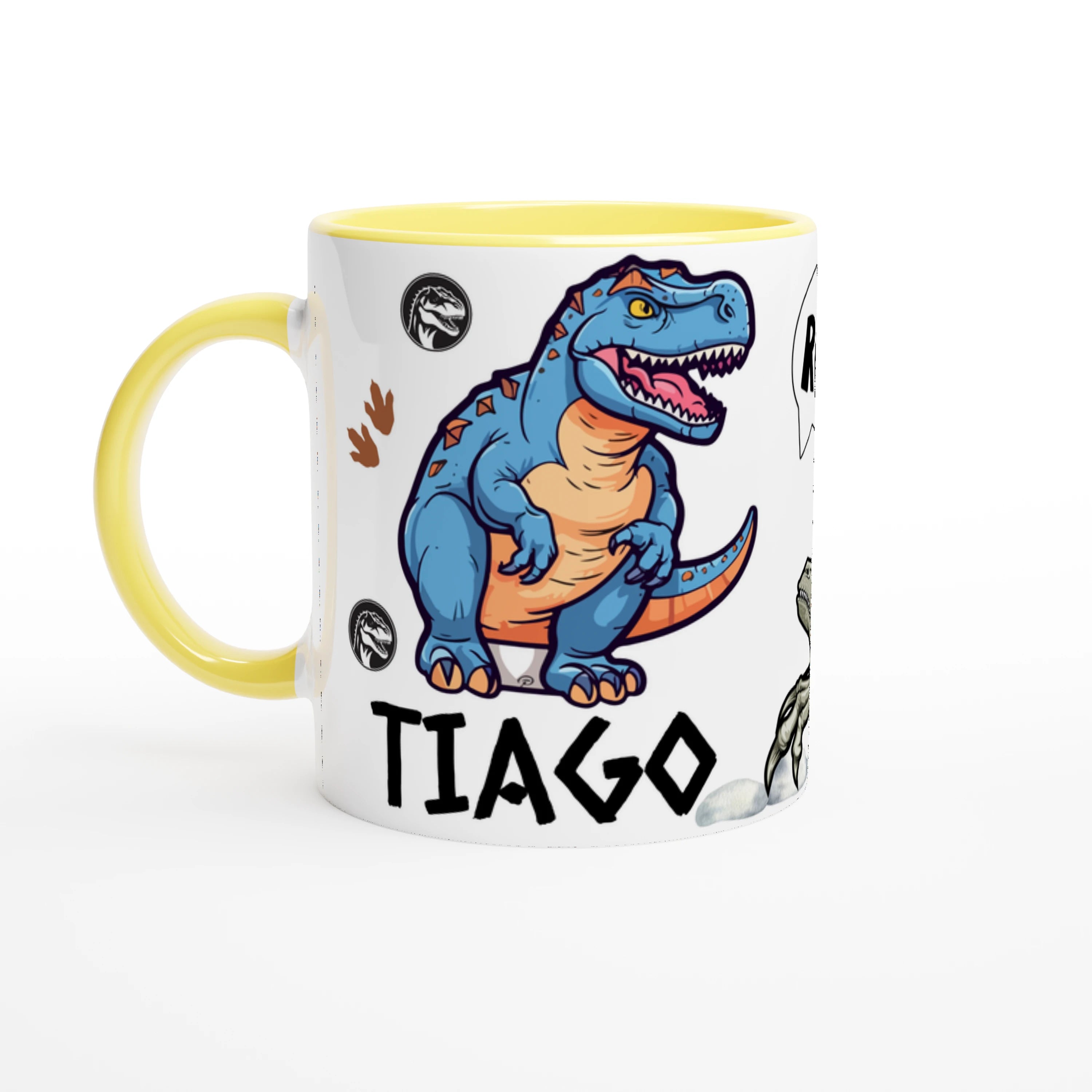 Mug personnalisé avec motif T-Rex et prénom, intérieur jaune, idéal comme cadeau pour enfant.