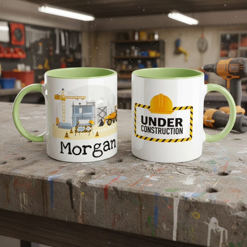 Mug Under Construction posé sur un bureau professionnel