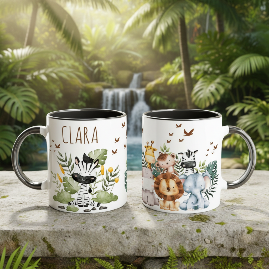 Mug enfant personnalisé jungle avec zèbre lion éléphant et girafe