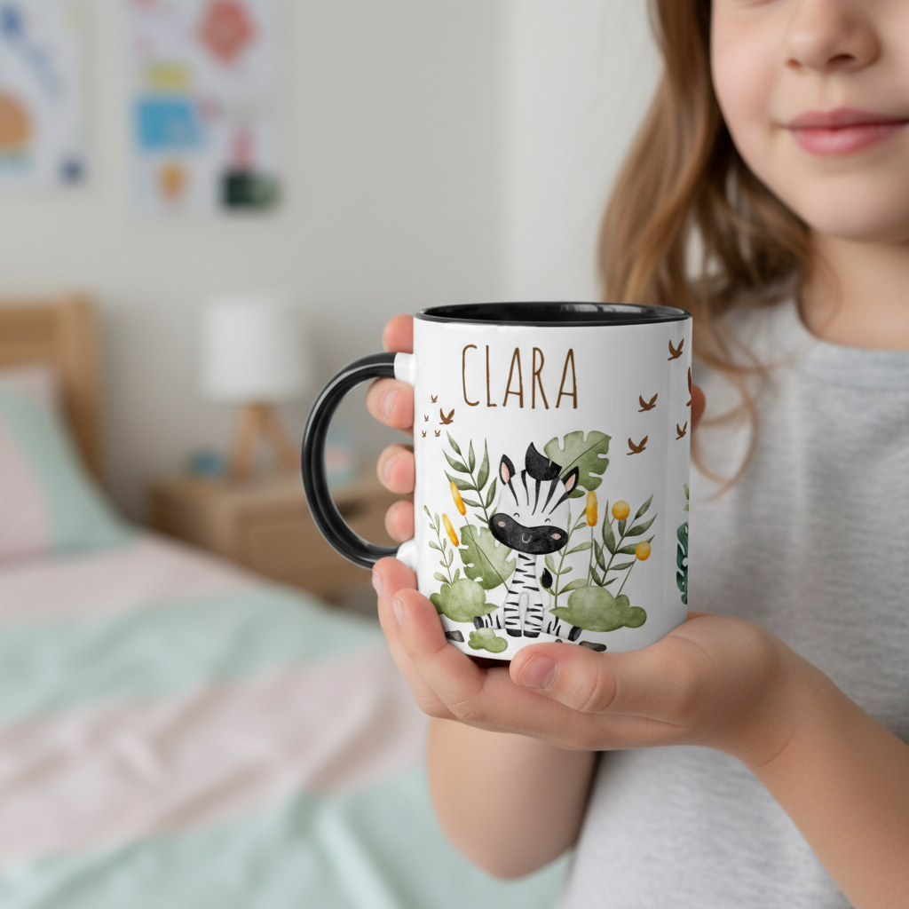 Mug enfant personnalisé animaux jungle tenu par un enfant dans une chambre