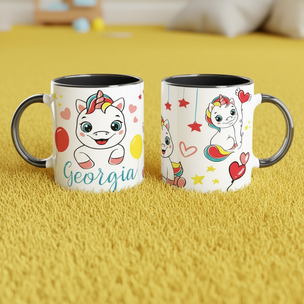 Deux mugs enfant licorne personnalisés présentés côte à côte, idée cadeau enfant originale