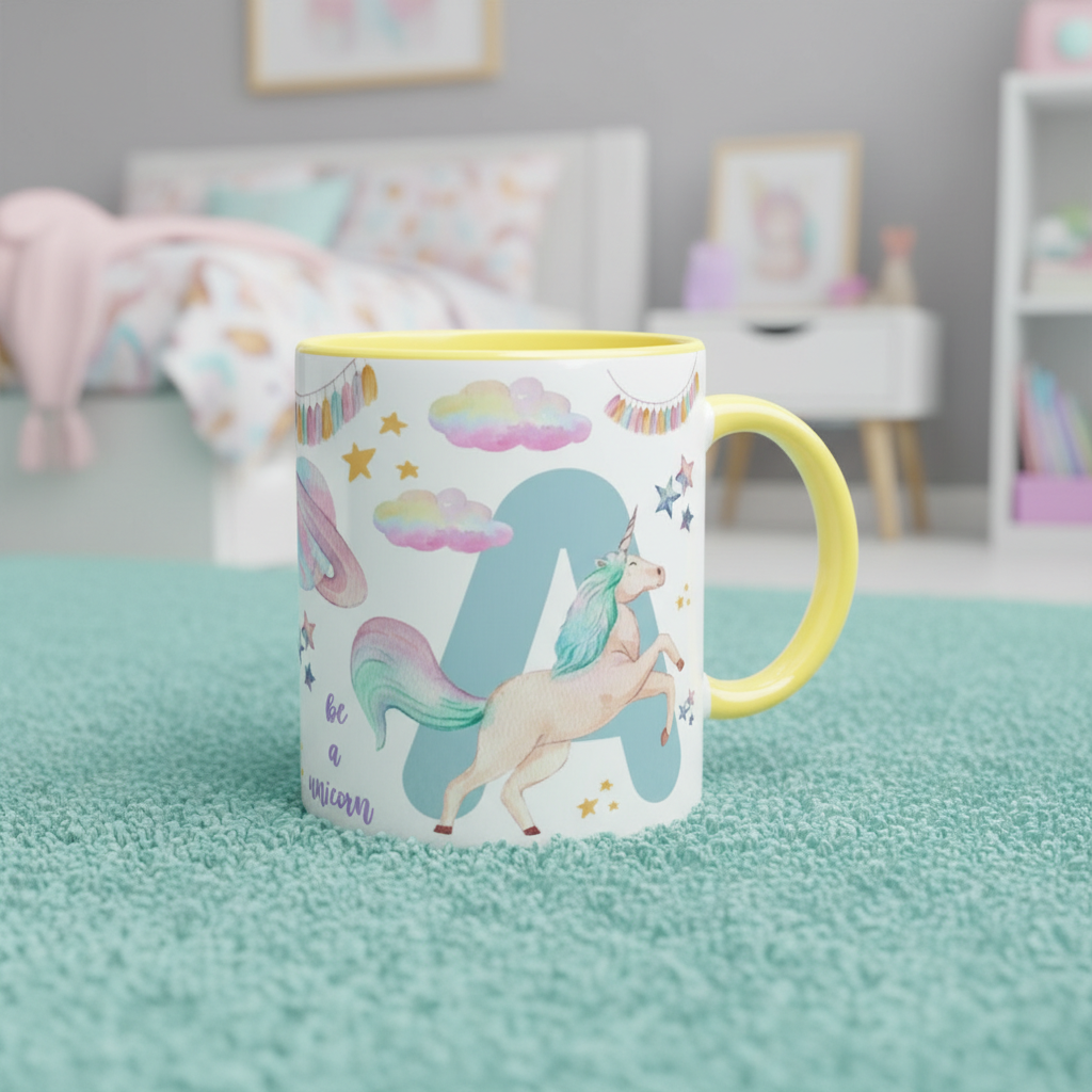 Mug licorne enfants avec anse jaune dans chambre enfant