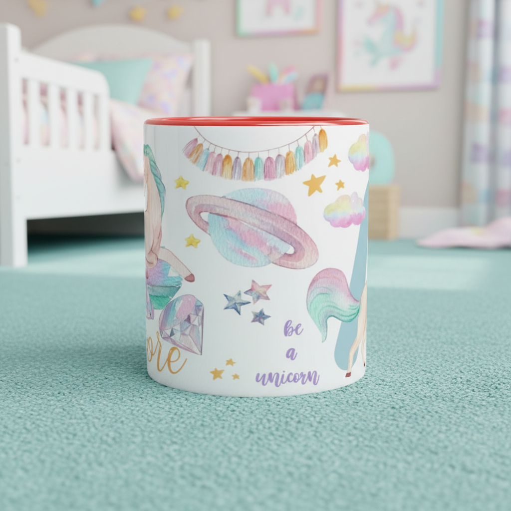 Mug personnalisé avec licorne et pluie d’étoiles dorées, intérieur rouge, parfait pour un cadeau féerique et unique.