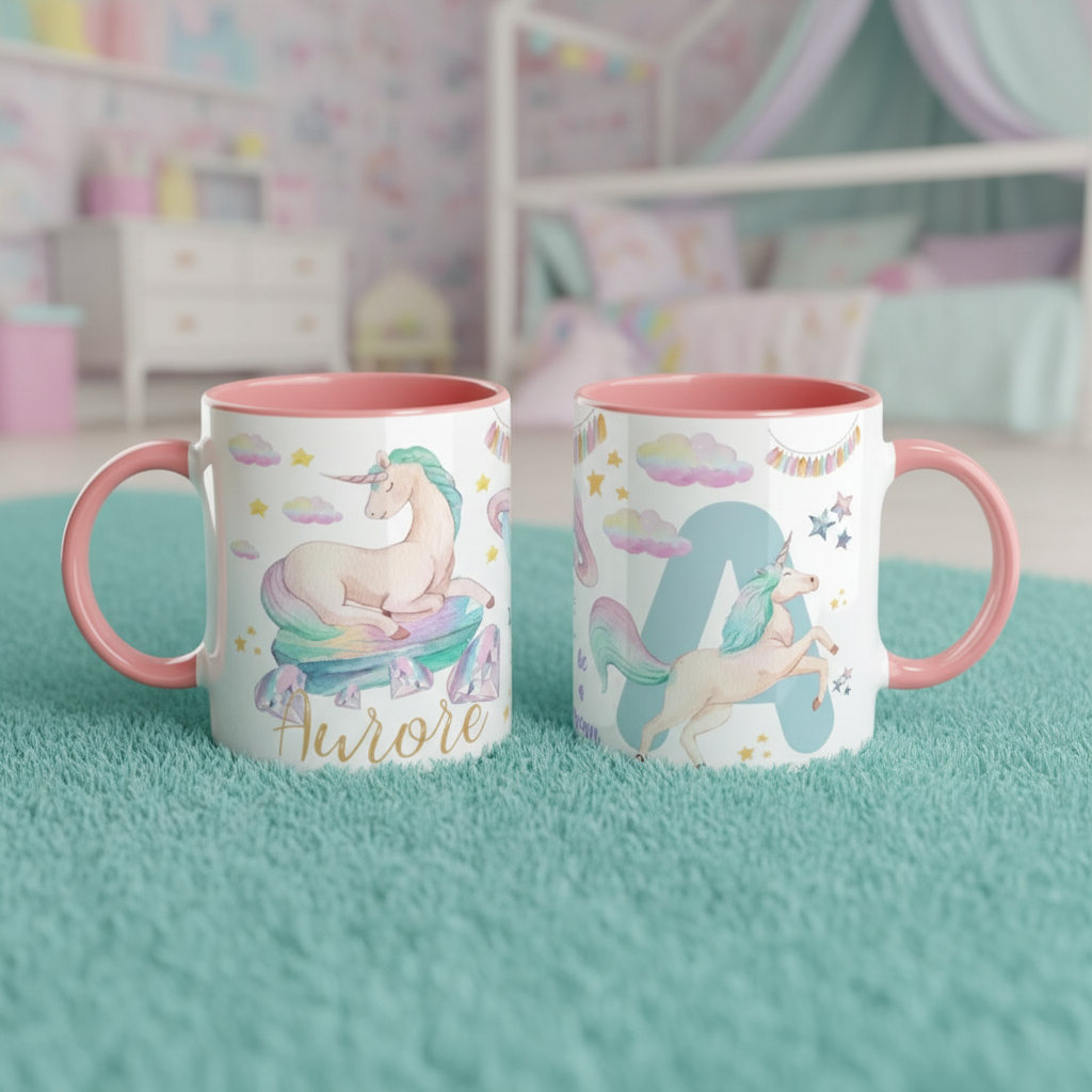 Mugs enfants licorne avec anses roses sur tapis pastel