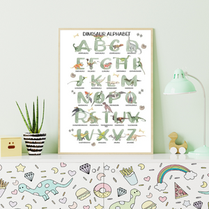 Affiche alphabet illustré avec des dinosaures et leurs noms en anglais, parfaite pour une décoration éducative et ludique.