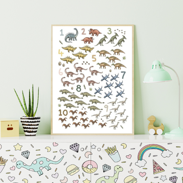 Affiche éducative avec chiffres et dinosaures, idéale pour apprendre à compter tout en décorant une chambre d'enfant avec un thème préhistorique