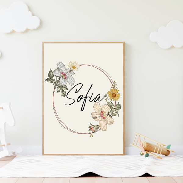 Affiche décorative avec couronne de fleurs au style boho chic pour décoration de chambre d’enfant douce et poétique