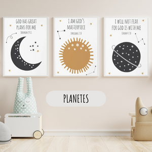Lot de 3 affiches murales sur l’univers, comprenant un soleil, une lune et une planète, pour une décoration d’enfant sur le thème spatial