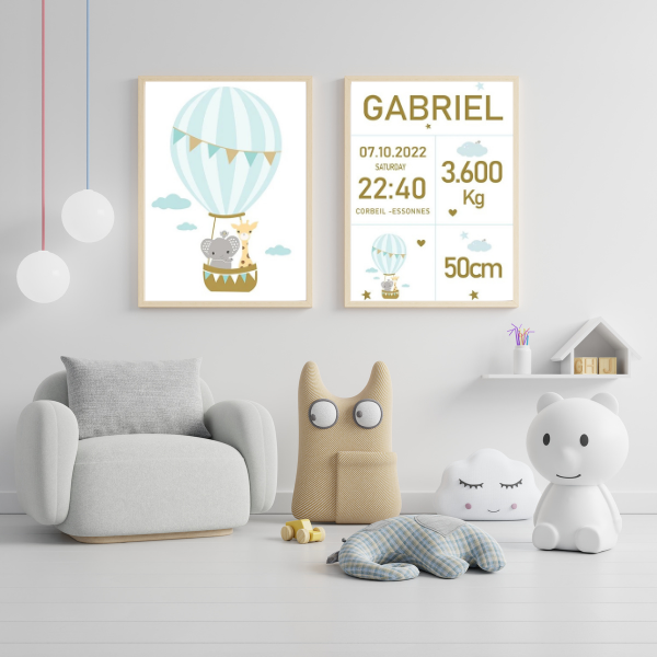 Idée de présentation pour affiche montgolfière et affiche naissance personnalisée, décoration murale chambre bébé.