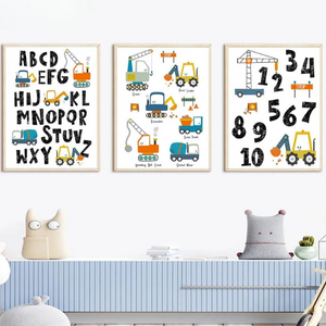 Ensemble de 3 affiches sur le thème des engins de chantier, avec alphabet et illustrations ludiques.