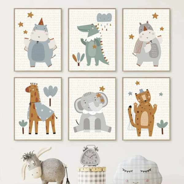 Lot d’affiches animaux personnalisables pour décoration murale enfant, illustrations modernes et couleurs apaisantes.