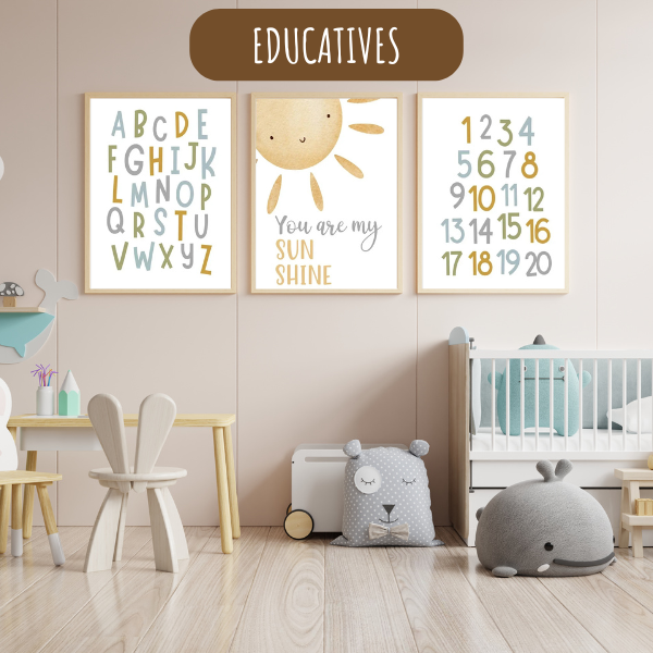 Ensemble d’affiches pédagogiques avec train et animaux, parfait pour chambre bébé et enfant.