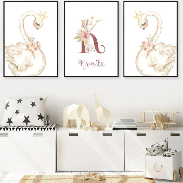 Set de trois affiches cygne illustration aquarelle pour décoration murale de chambre d’enfant