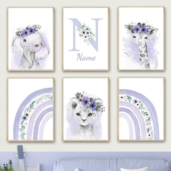 Ensemble de 6 affiches murales avec animaux et arc-en-ciel pour une décoration harmonieuse de chambre bébé fille.