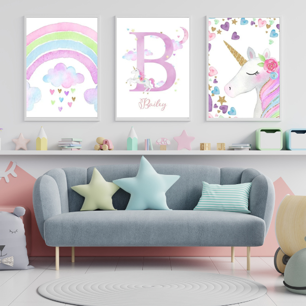Lot de 3 affiches déco avec licorne, arc-en-ciel et lettres personnalisées, parfait pour chambre d’enfant