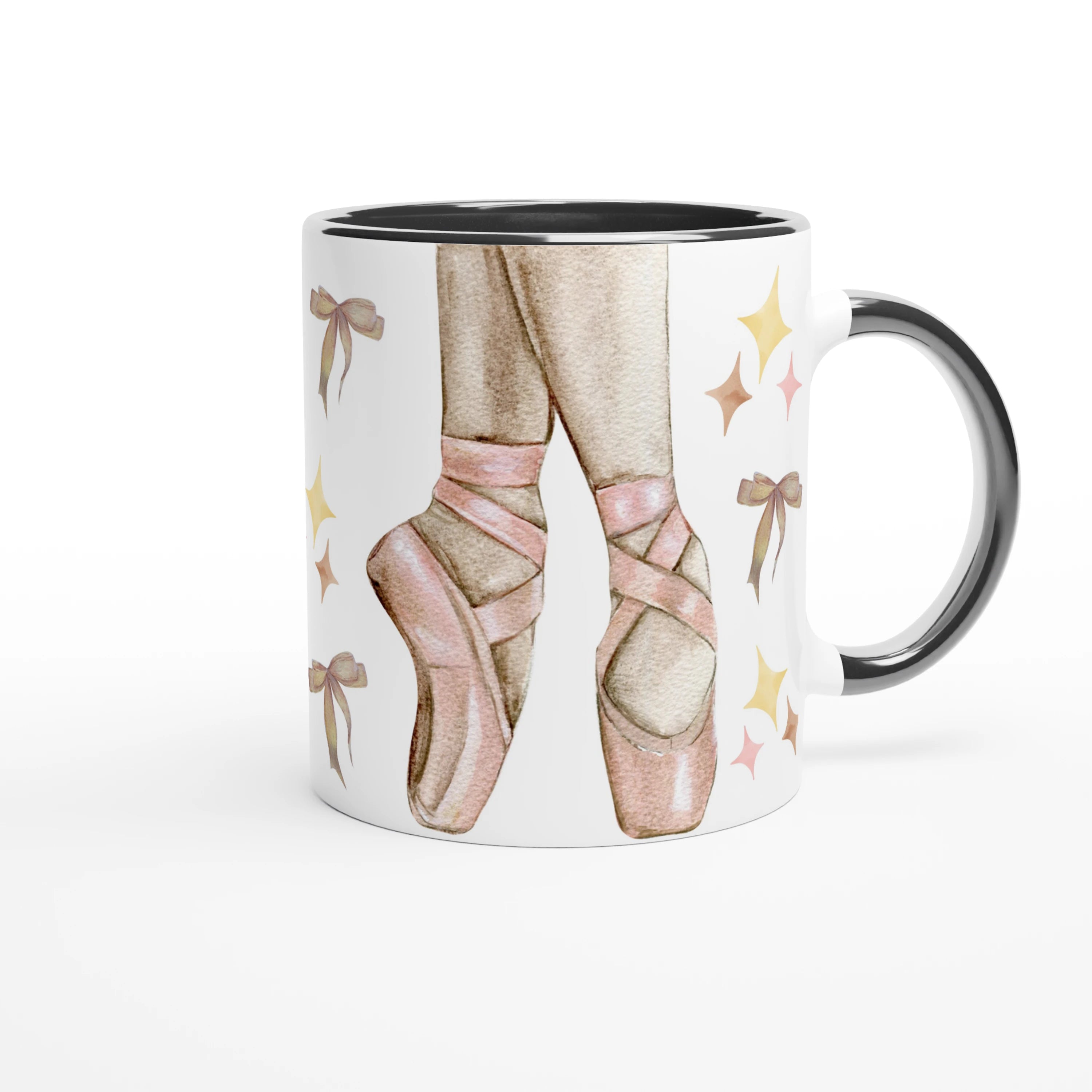 Mug personnalisable tout blanc avec prénom et design de ballerine et pointes, intérieur noir, cadeau élégant pour une passionnée de ballet.