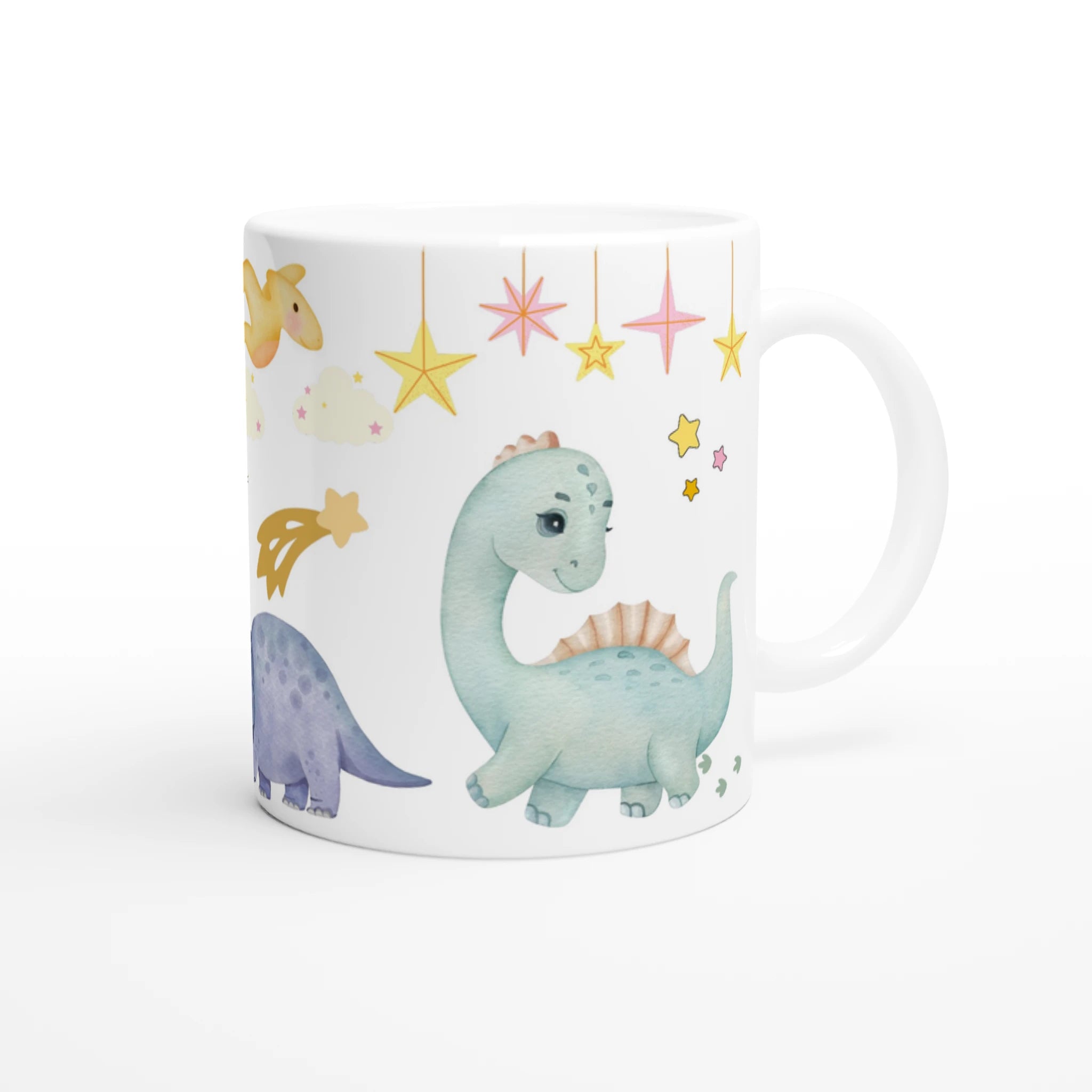 Mug personnalisable avec motif dinosaure rose et intérieur coloré, disponible en blanc et six autres coloris.