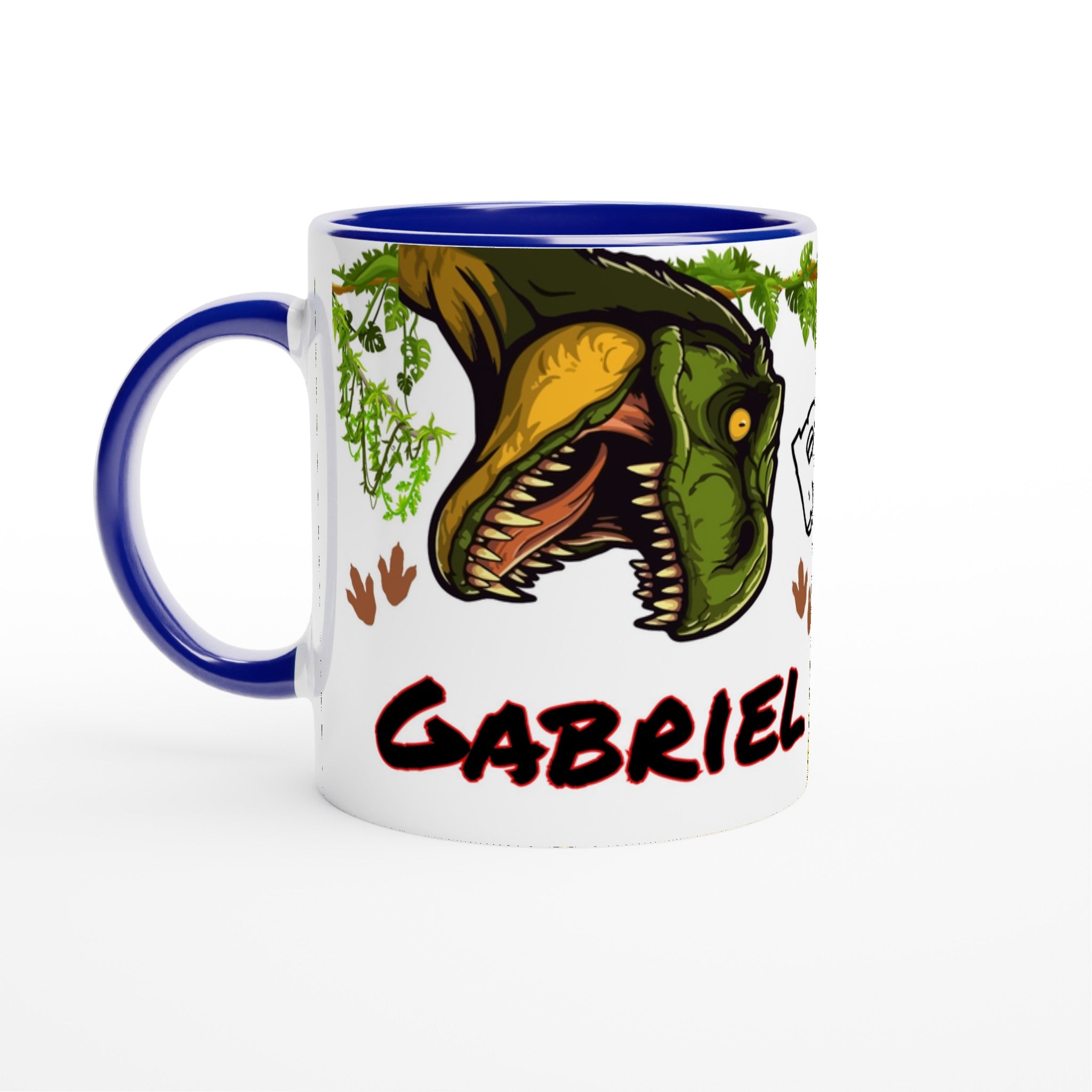 Mug dinosaure avec prénom personnalisé, intérieur bleu, idéal pour les amateurs de dinosaures. Cadeau unique pour enfant ou fan de T-Rex